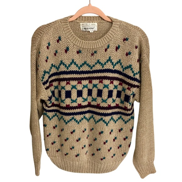Vintage Tops - JJ Fargo Handknit Sweater‎ Women's Large (L) Camel Colored Maroon Navy VNTG 80s
